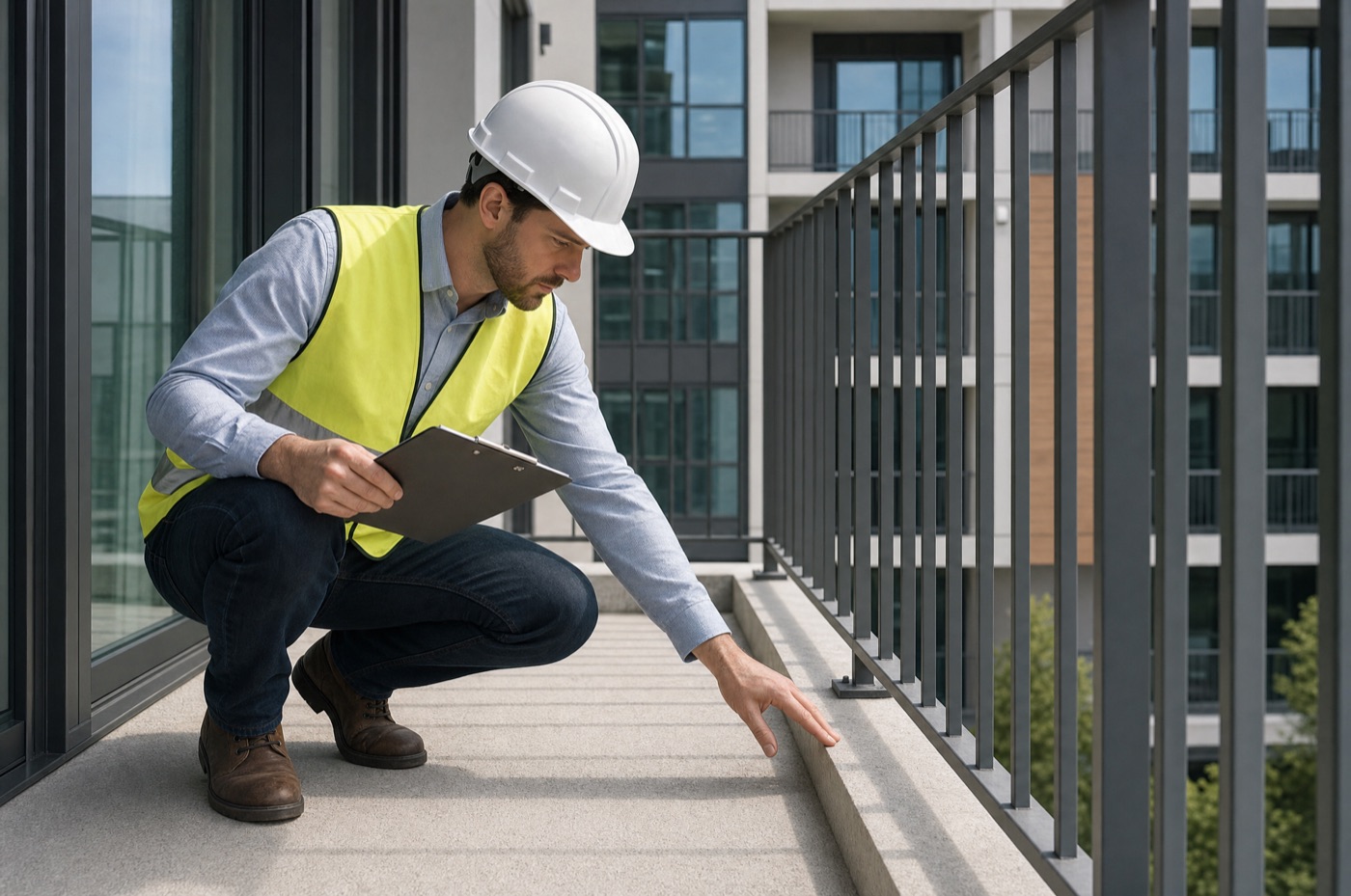 Licensed structural engineer in hard hat and high-visibility vest crouching to inspect the railing-to-slab connection on a residential balcony